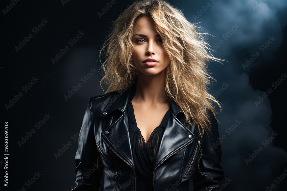 Woman in black leather jacket posing for picture.