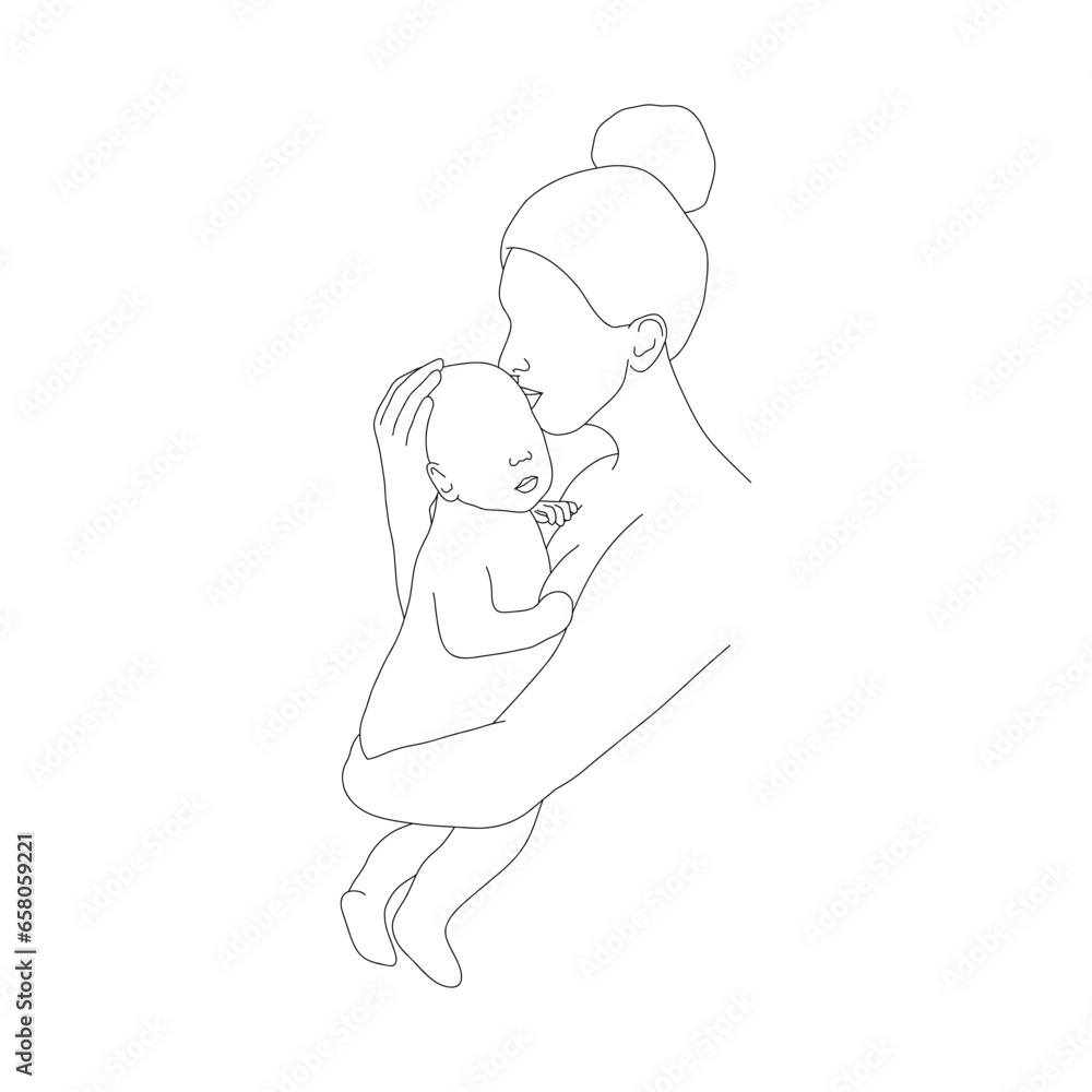 Fototapeta premium Abstract family silhouette. Happy mom kissing her newborn baby. One line art. Minimalistic vector illustration. Mother and child in linear style.