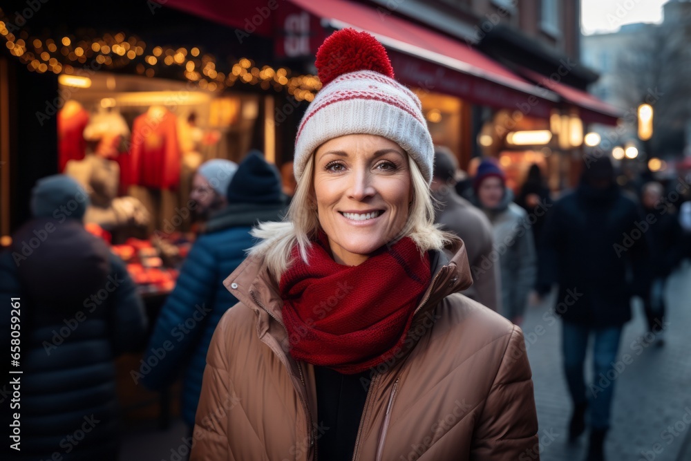 Portrait of smiling middle-aged woman on Christmas market in Germany Portrait of smiling middle-aged woman on Christmas market in Germany