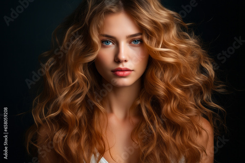 Woman with long, curly hair and blue eyes is posing for picture.