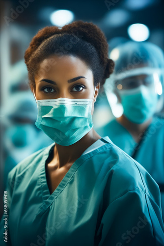 Woman in scrubs and mask in room.