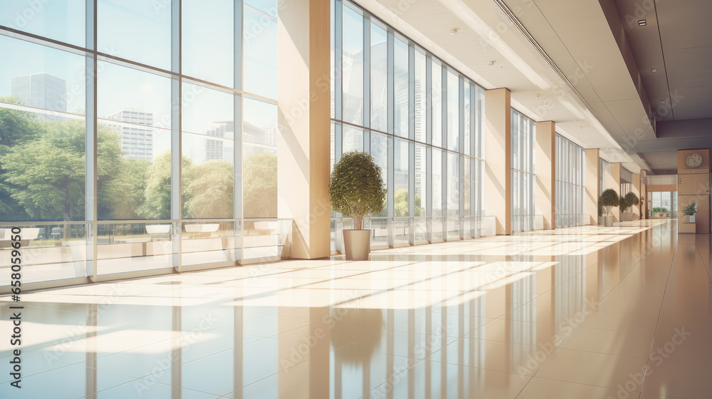 A beautiful modern spacious office hall with panoramic windows and a perspective in pleasant natural beige and brown tones. AI generated. A beautiful modern spacious office hall with panoramic windows and a perspective in pleasant natural beige and brown tones. AI generated.