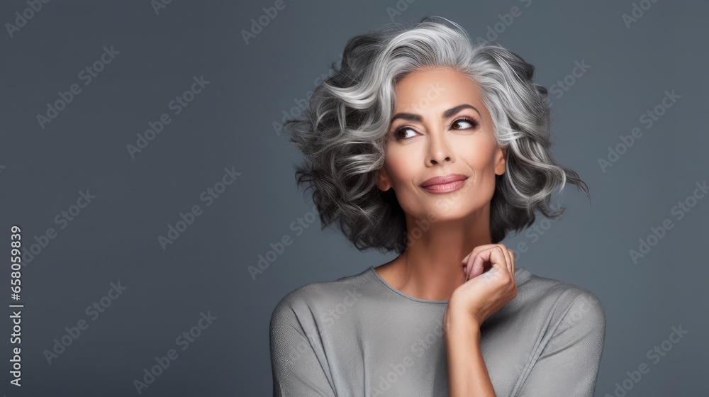 senior woman in wearing grey with gray hair on studio background