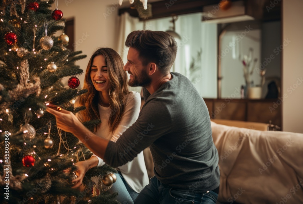 In the cozy ambiance of their home, a married couple shares the heartwarming tradition of decorating a Christmas tree, enveloped in the festive spirit and love that the holiday season brings In the cozy ambiance of their home, a married couple shares the heartwarming tradition of decorating a Christmas tree, enveloped in the festive spirit and love that the holiday season brings