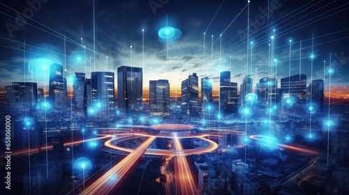 smart city and network connectivity with city street and buildings