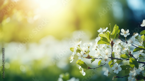 Beautiful blurred spring background nature with blooming glade, trees and blue sky on a sunny day.