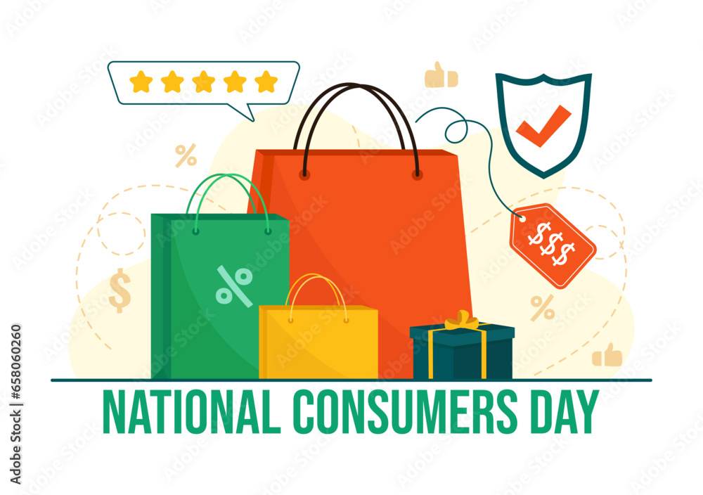 National Consumer Day Vector Illustration with Shopping Cart and Paper ...