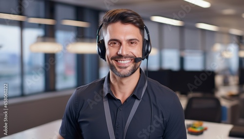 In the bustling call center a handsome man in his work sits with headphones on, ready to provide professional assistance and support to customers, embodying efficiency and effective communication