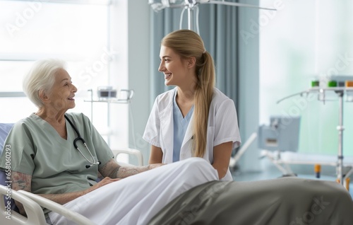 In a touching scene at the hospital  a young sister shows unwavering love and support as she visits an elderly woman lying in a hospital bed  embodying the enduring bond of family and compassion.