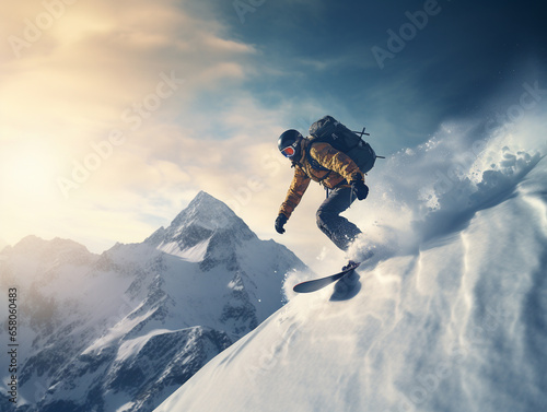 A snowboarder in a ski suit rides along a snowy mountain slope on a snowboard in winter, jumps and does tricks.