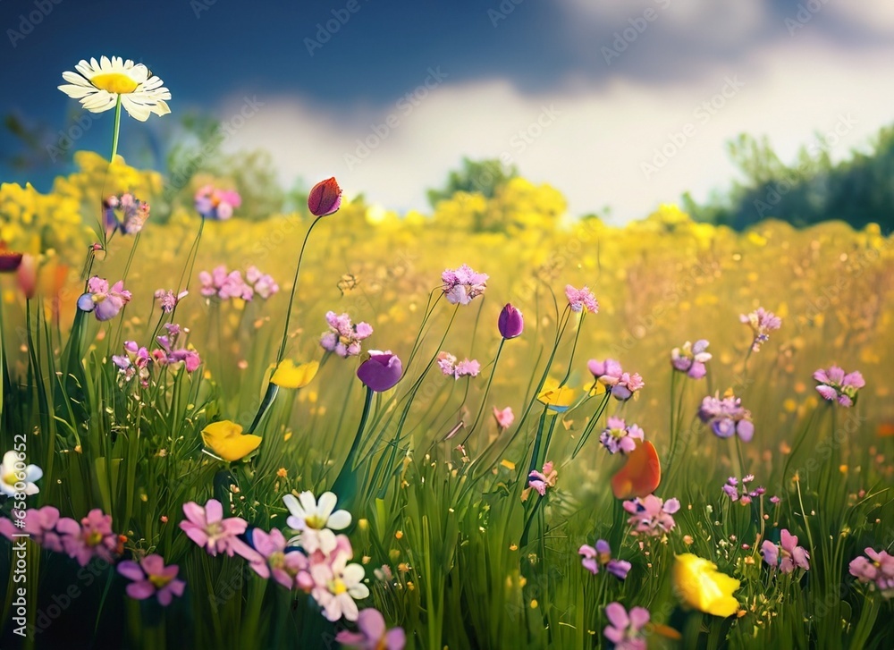 Illustration of a flower meadow in spring. Generative AI.