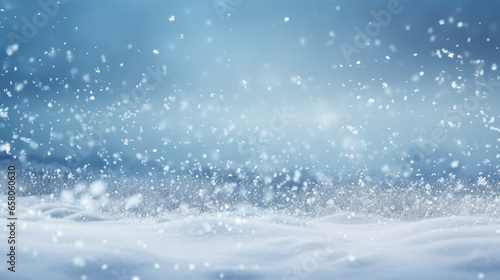 Winter snow background with snowdrifts, with beautiful light and snow flakes on the blue sky in the evening, banner format, copy space. © Oulailux