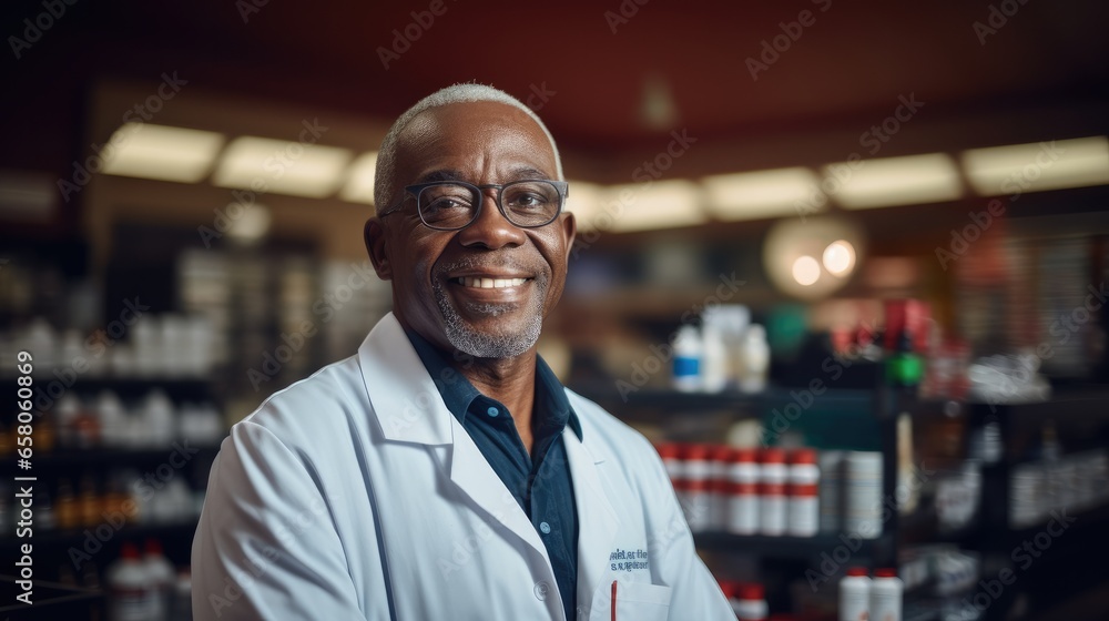 Portrait of smiling senior African American man pharmacist.