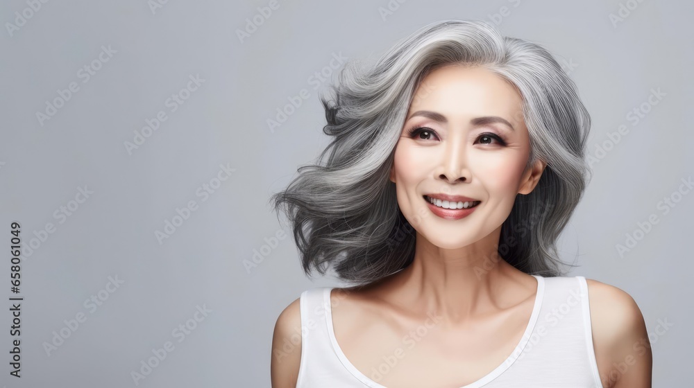 beautiful senior asian woman wearing a white top and gray hair beautiful senior asian woman wearing a white top and gray hair