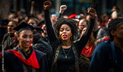 In a powerful display of unity, a diverse group of women gathers at a city protest, passionately advocating for their rights and equality, standing as a beacon of empowerment and social change. © .shock