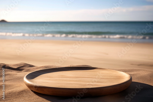 Empty round wooden platform on the sand beach. Natural background. Selective focus. High quality photo