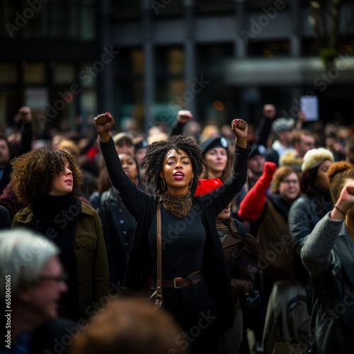 In a powerful display of unity, a diverse group of women gathers at a city protest, passionately advocating for their rights and equality, standing as a beacon of empowerment and social change.