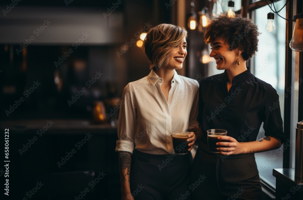 In a stylish and modern café, two LGBTQ women share a heartfelt moment, embracing their love and connection, celebrating diversity and acceptance in a welcoming urban environment In a stylish and modern café, two LGBTQ women share a heartfelt moment, embracing their love and connection, celebrating diversity and acceptance in a welcoming urban environment