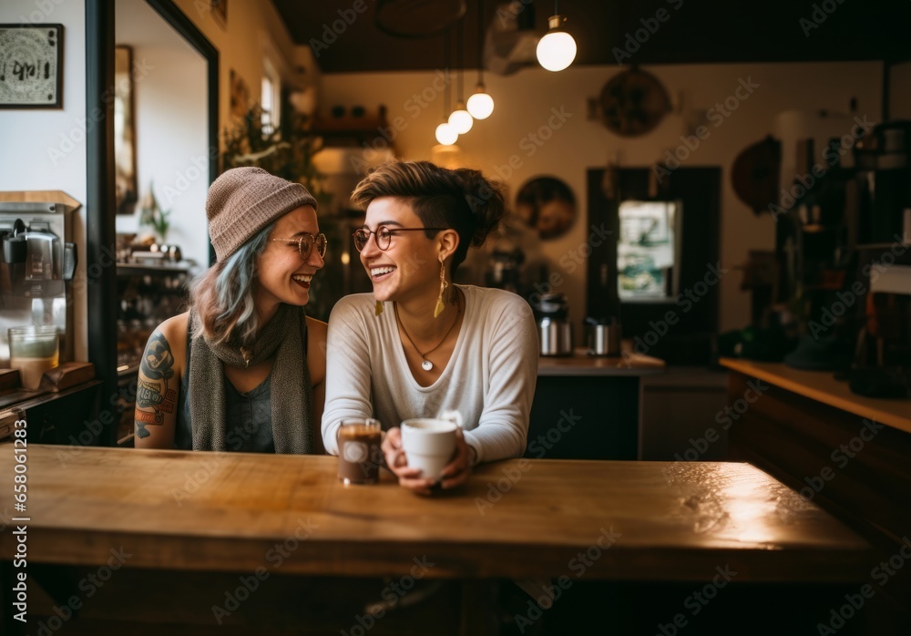 In a stylish and modern café, two LGBTQ women share a heartfelt moment, embracing their love and connection, celebrating diversity and acceptance in a welcoming urban environment In a stylish and modern café, two LGBTQ women share a heartfelt moment, embracing their love and connection, celebrating diversity and acceptance in a welcoming urban environment