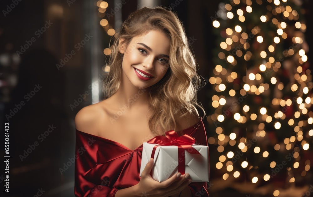 In her cozy apartment adorned with festive decorations, a beautiful blonde woman gleefully opens Christmas presents, radiating joy and holiday spirit. In her cozy apartment adorned with festive decorations, a beautiful blonde woman gleefully opens Christmas presents, radiating joy and holiday spirit.