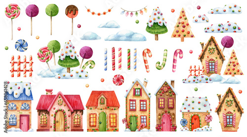 Christmas watercolor colorful set of cute gingerbread houses, lollipops, candies, sweet snowdrifts and Christmas tree.