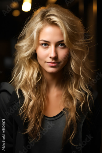 Woman with long blonde hair and black shirt.