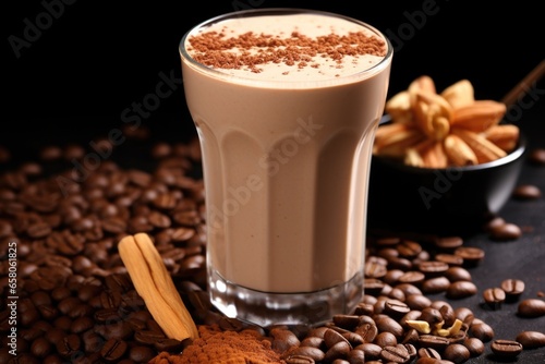 close-up of a coffee milkshake with a background of coffee beans