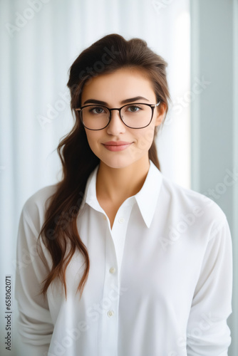 Woman wearing glasses and white shirt is smiling.