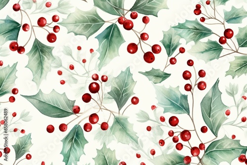 Festive watercolor pattern with spruce and holly berries. Generative AI