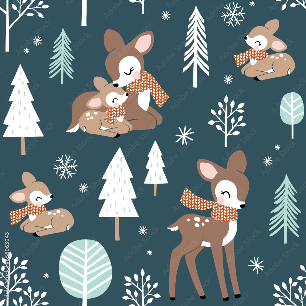 Seamless vector pattern with cute deer family with pine trees and snowflakes. Snowy winter woodland with animals. Hand drawn illustration artwork. Perfect for textile, wallpaper or print design.