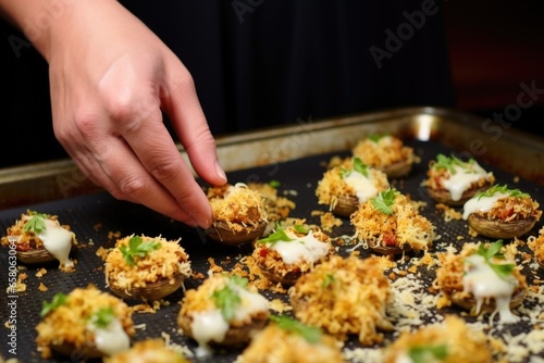 hand adjusting the mushroom caps stuffed with cheese on a baking sheet