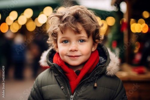 Portrait of cute little boy on christmas market. Selective focus.
