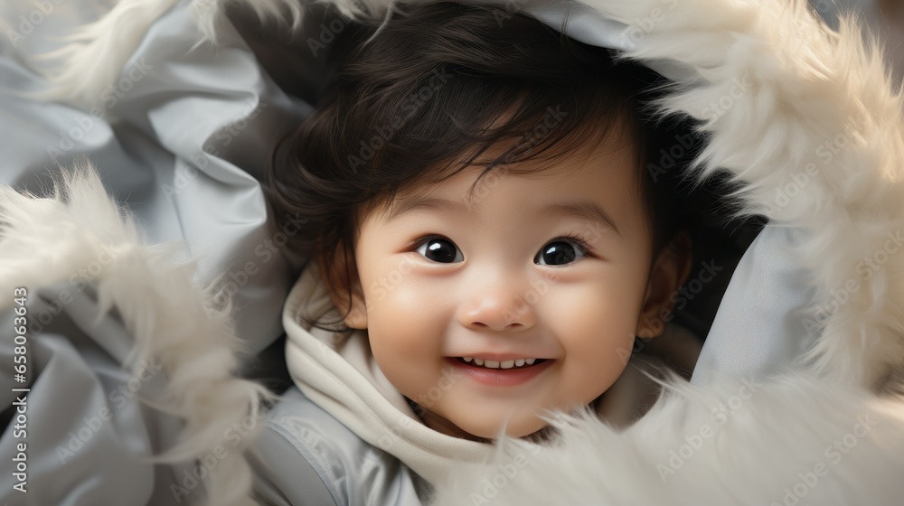 Asian baby boy with a cheeky smile, wrapped in a white blanket.