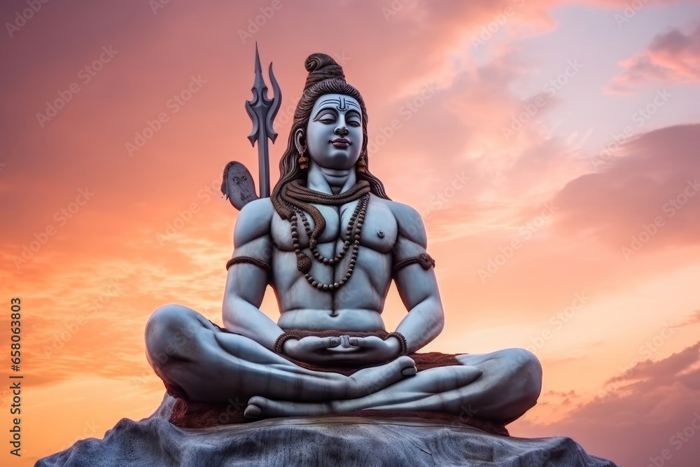 hindu god lord shiva statue in meditation posture with dramatic sky at evening from unique angle, Generative AI - obrazy, fototapety, plakaty 