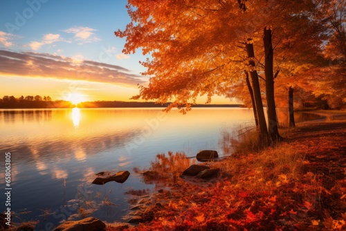 Autumn landscape with a serene lake. The stage is bathed in the warm golden light of the setting sun.