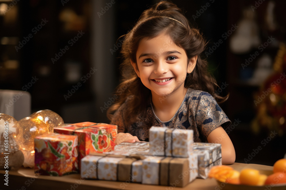 Cute indian little girl child in traditional wear, celebrating diwali festival.