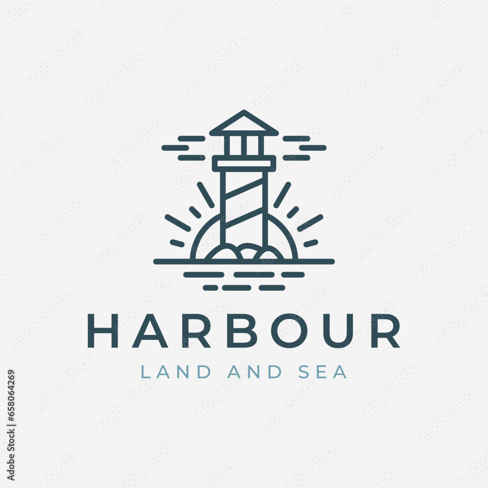lighthouse logo line art vector with sun, stone and sea illustration template design lighthouse logo line art vector with sun, stone and sea illustration template design