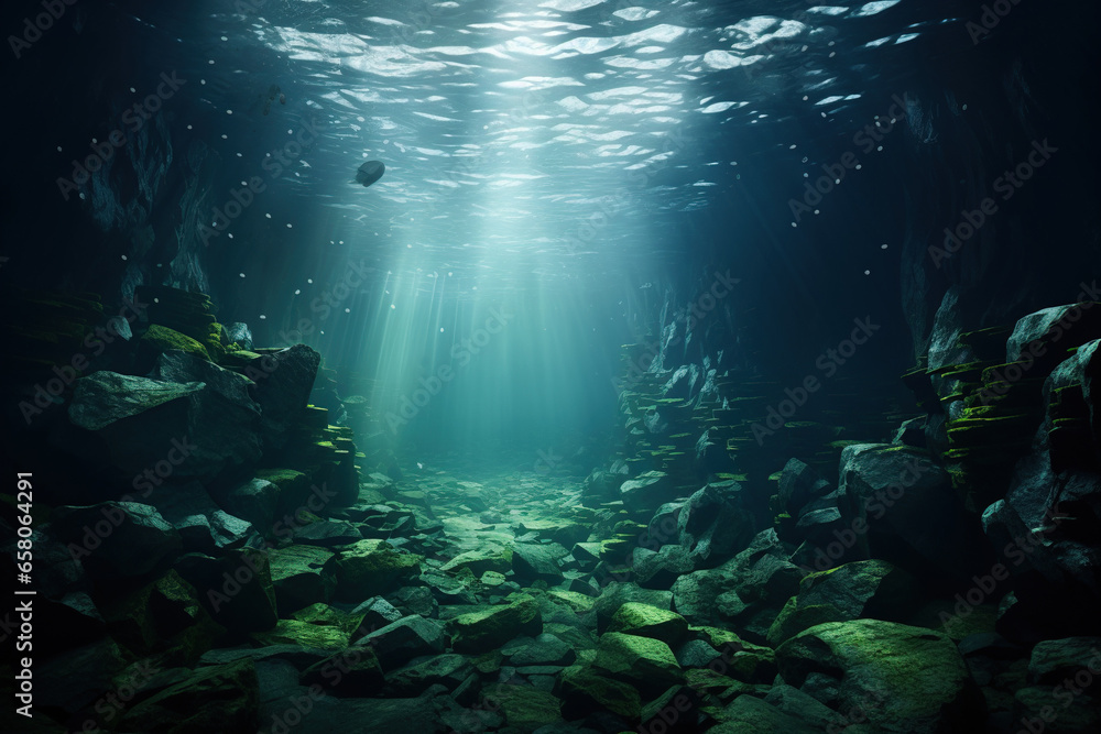 Underwater cave with sun rays shining through the rocks. 3d rendering. 