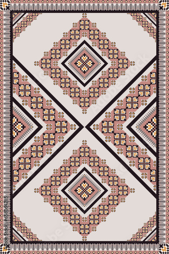 Colorful geometric embroidery floral area rug pattern. Vector geometric floral square shape pixel art pattern. Ethnic geometric embroidery pattern use for carpet, floor rug, wall decorative, etc.