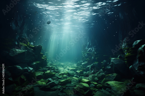 Underwater cave with sun rays shining through the rocks. 3d rendering. 