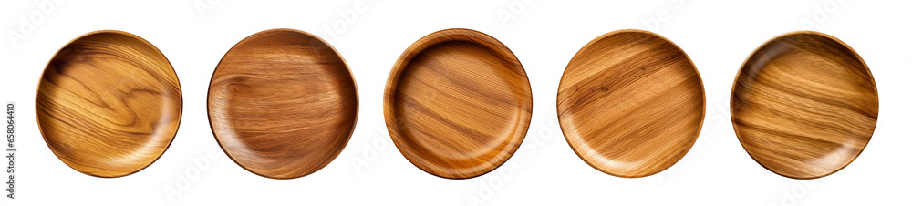 set empty wood plates cut out isolated on transparent background - obrazy, fototapety, plakaty 