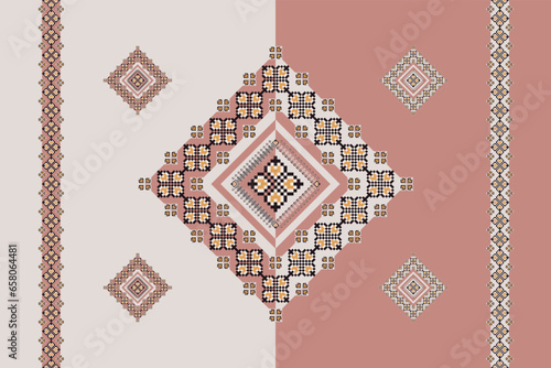 Floral embroidery colorful geometric pattern. Vector colorful geometric square floral seamless pattern pixel art style. Geometric stitch pattern use for textile, carpet, rug, cushion, upholstery, etc.