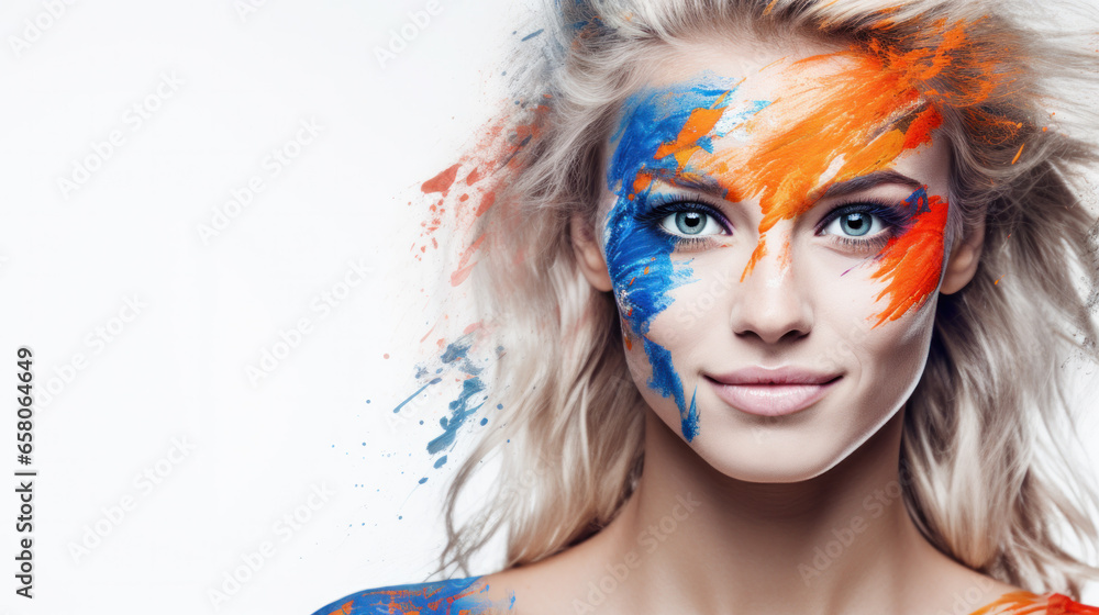Portrait of a woman with abstract painted face in blue and orange colors. Portrait of a woman with abstract painted face in blue and orange colors.