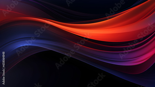 Abstract dark black background with orange, purple and blue wavy lines on a black backdrop. Suitable as a background for some technology banners.