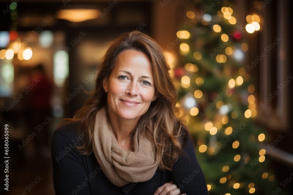 Portrait of a beautiful middle-aged woman with Christmas tree in the background