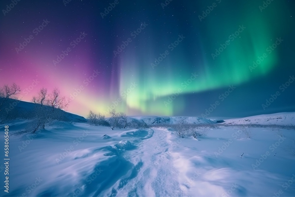 Colorful aurora over snowy landscape. Majestic polar lights scenery with open space. Generative AI