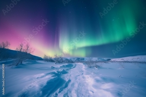 Colorful aurora over snowy landscape. Majestic polar lights scenery with open space. Generative AI