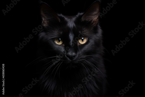Black cat on black background. Studio dark portrait of witch pet. halloween animal