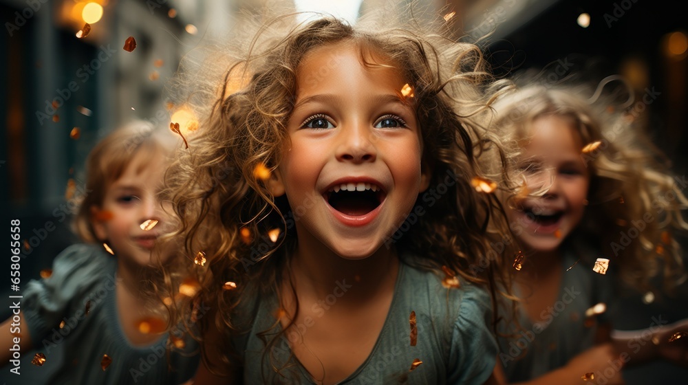 Φωτογραφία Close-up of a delighted little girl with curly hair, wide-eyed in surprise