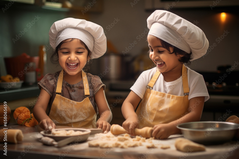 cute indian little girls in chef uniform, making cookies - obrazy, fototapety, plakaty 